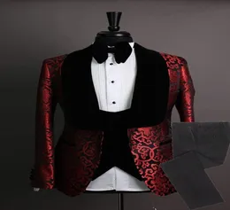 カスタムメイドのグルームマンShawl Velvet Lapel Groom Tuxedos Red and Black Men Suits Wedding Man Blazer JacketPantsbow Tievest8207005