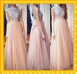 2022 Mode nackt Tulle Sliver Crystal Crew Prom Kleider eine Linie Rückenfreie Röbelbögen Offener Abend formale Kleiderkleider Custom M2974369