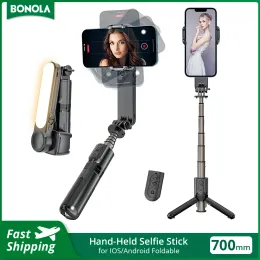 Monopods Bonola Handheld Wireless Bluetooth Selfie Stick Tripés com luz de preenchimento para iOS/Android dobrável Smarthone Selfie Stick Gimbal
