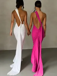 Mozision Oblique Shoulder Backless Maxi Dress For Women Gown Summer Back Strap Sleeveless Ruched Party Sexy Long Dress Vestidos 240319