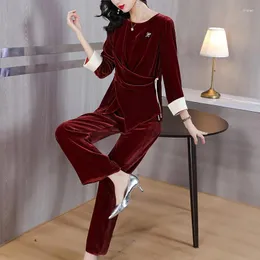 여자 2 피스 바지 2024 와인 레드 실크 벨벳 패션 세트 단단한 긴 소매 셔츠 탑 넓은 다리 슬림