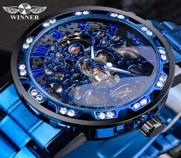 Vincitore Transparent Diamond Mechanical Watch Blue Acciaio inossidabile Scheletro Orologio Top Brank Business Luxury Mash Orologio maschio 21039664228