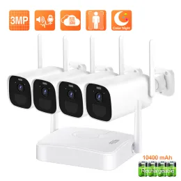 System Techage 4CH Mini NVR HD 3MP Wireless Battery IP Camera Kit CCTV System Laddningsbart utomhussäkerhetskamera Videoövervakning