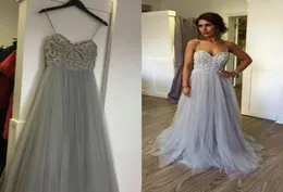 Seksi Zarif Boncuk Sızıntısı Üst Prom Elbise Uzun Resmi Sevgilim Spagetti Kayışları Akşam Partisi GOWNS Silver Gri Custom6521018