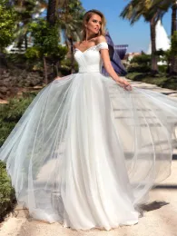 Klänningar från axel Aline Wedding Dresses Pärled Crystal 2022 Formell Long Tulle Spring Bridal Gowns Simple Bling Bling Plus Size Vestido