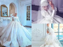 Kleider Dubai Muslim Luxus Lace Ball Kleid Brautkleider Kapelle Zug Full Perlen Applique Langarm Hochzeitskleid Afrika Plus Größe BR