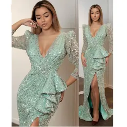드레스 2020 New Sexy Mint Green Squined Prom Dresses High Side Split Spless Dress Full Sleeves Long Mermaid Prom Gown Abendkleider