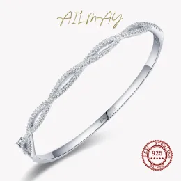 Bangles Ailmay Hight Qualidade 925 Prata esterlina cintilante de zircão geométrico Bracelets de linha transversal para festas finas de festa de casamento