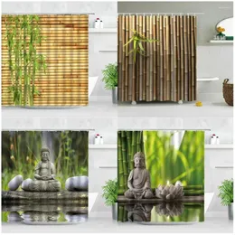 Duş Perdeleri Zen Yeşil Bambu Taş Buddha Lotus Mum Asya Japon Spa Bahçe Manzara Banyosu Kumaş Banyo Dekoru