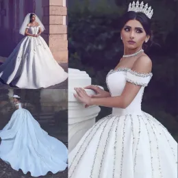 Abiti Arabic Luxury Bride Wedding Dresses Off Spalla Appliques Appliques Abito da ballo Abito da sposa Cathedral Train Laceup Weless We