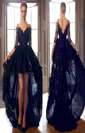 2016 블랙 레이스 하이 로우 댄스 파티 드레스 섹시한 어깨 깊은 V 목 뒤로없는 이브닝 드레스 세련된 34 슬리브 스팽글 파티 가운 1233620