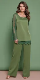 신부 드레스의 어두운 녹색 어머니 정식 어머니의 드레스 긴 소매 커스텀 지퍼 플러스 크기 새로운 레이스 쉬폰 팬츠는 두 조각으로 오신 바닥 길이