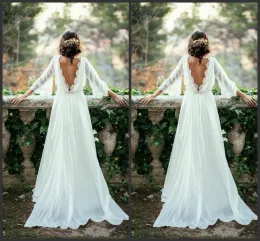 Dresses 2020 Sexy Ivory Lace 3/4 Long Sleeve Backless Bohemian Wedding Dresses 2017 Summer Court Train Flow Chiffon Plus Size Beach Bridal