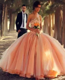 Custom Made Peach Ball Gown Quinceanera Dresses Tulle Peals Crystals Zipper 2019 Arabic Bridal Gowns Sweet 16 Debutante Party Prom5383028