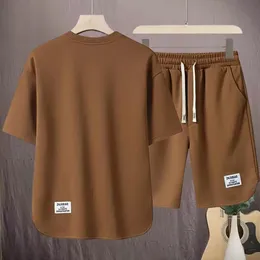 2 -cece Sportswear Tshirt Shorts Ustaw luźny kolor stały kolor okrągły szyję elastyczna talia retro męska sportowa kombinezon sportowy 240403