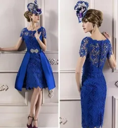Illusion Neck Blue Lace Mother of The Bride Dresses 2021 Knee Length Overskirt Formal Evening Gowns Zipper Back Dresses Plus Size4283122