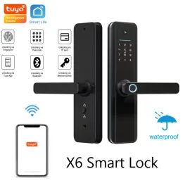 Lås x6 Waterproof Smart Lock Tuya App Fingeravtryck Lock Electronics WiFi App FingerPrint IC Card Pascode Unlock Security Door Lock