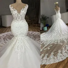 Kleider 2022 Luxus afrikanische Meerjungfrau Hochzeitskleider Kapelle Zug 3D Applikes Spitzen Juwelenhals Illusion Brautkleider Gepassungsgemäß Vestidos de N.