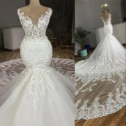 Elbiseler 2022 Luxury African Denizkızı Gelinlik Şapeli Tren 3D Aplikler Dantel Mücevher Boyun İllüzyonu Gelin Gowns Özelleştirilmiş Vestidos De N