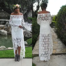 Dresses Off the Shoulder Embroidered Lace Bohemian High Low Long Sleeves Wedding Dress with Subtle Bell Sleeves Bridal Dress vestido de ca