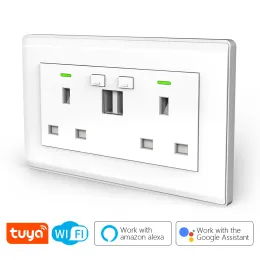 Wtyczki CBE UK TUYA WIFI SNETKET DOUBLE PORTY USB ŁADNOŚCI 10A SMART WALL PLIP PRACA Z ALEXA Google Home Voice Ontrol