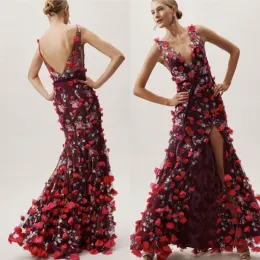 Платья бургундская вышивка русалка выпускная платья чистая глубокая v шея 3D аппликация
