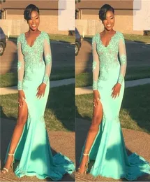 2019 New Mermaid African Cheap Prom Dresses for Black Girl V Neck Mint Green Lace Long Sleeves Prom Dress High Split Evening Gowns2975718