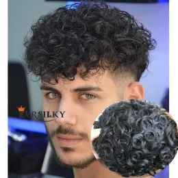 Toupees Jet Black 20mm Curly Hållbar tunn hud Män Toupee full schweizisk spets naturlig hårfäste manlig remy mänsklig hår kapillär protes