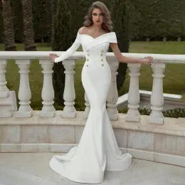 Dresses Simple Satin Mermaid Wedding Dresses Off Shoulder Long Sleeves Wedding Gowns Button Style Bridal Dreses Plus Size