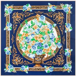 Pobing İspanya Kraliyet Çiçek Baskı% 100 İpek Eşarp Kadınlar Büyük Bandana Neckerchief Kadın Hijab Kare Eşarpları İpek Fouldlar 130cm 240323