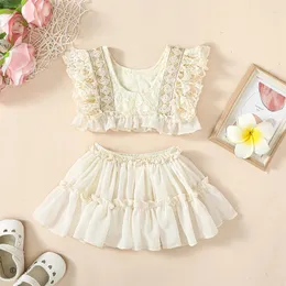 Kläder sätter spädbarnsflickor 2st prinsessor kläder set spets blommig ruffle tank top elastic tutu kjol småbarn sommarkläder