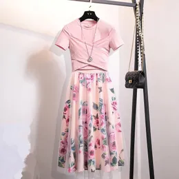 ZAWFL Summer Women 2 Piece Set Fashion Pink Cotton Bowknot Short T Shirt Mesh Floral Print Big Swing Long Skirt Suits 240319
