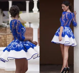 Klänningar 2022 Royal Blue and White Short African Wedding Dresses With Half Long Sleeve Lace Ball Gown Bridal Party Wedding Reception Dress