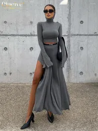 Arbeitskleider Clacive Bodycon Grey Strick -Rocksets für Frauen 2 Stück elegante Langarm -Crop -Top mit hohen Taillenschlitzröcken Set