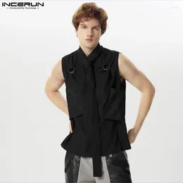 Men's Casual Shirts INCERUN Tops 2024 Handsome Men Symmetric Design Leisure Simple Solid Comfortable Long Necktie Sleeveless Blouse S-5XL