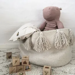 Macrame Toys Organizador fraldas cesta de cesto de bebê material de armazenamento de armazenamento Tassel Balde
