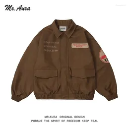 Herrenjacken Mr.aura Spring Fall Vintage Hip Hop bestickte Textur Revers Maillard Lose Mantel hochwertiger Leder Baseball