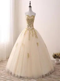 2018 Cheap Real Images Gold Appliqued Ball Gown Quinceanera Dresses Sweetheart Tulle Floor Length Sweet 16 Dresses Party Dress QQ19909145