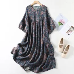 Festklänningar Bomull och linne tryckt kortärmad rund nackklänning Kvinnor Summer Korean Style Retro Loose Plus Size Elegant Casual Lon