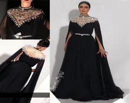 Cristais de tamanho grande Kaftan baile vestidos com capas longas yousef aljasmi pescoço alto preto chiffon longa árabe vestidos de noite árabe