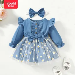 Hibobi Baby Girl Round Pesh Neck elegante lazer elegante Bowknot Ruffle Decor de manga longa Mesh floral Splicing Dress Fand 240325