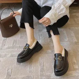 Casual Shoes 2024 Winter Plus Velvet Warm White Uniform Small Leather Metal Buckle Platform Women's Single Trend