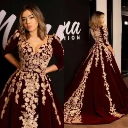 Kleider Burgunder Velvet Prom Kleider Kaftan Caftan Abend formelles Kleid halbe Ärmel 2019 Gold Luxus Spitzenapplikation Arabisch Dubai Abaya Occa