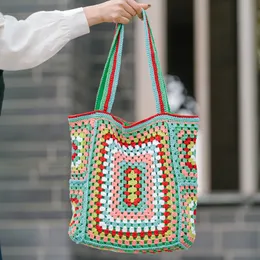 Bolsa de malha colorida, bolsa de crochê boêmia para mulheres, bolsa de ombro de estilo étnico para viagens de férias de viagem