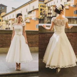 Abiti Abito da sposa corto Vintage Lunghezza del tè 2024 Rockabilly Pinup degli anni '50 Gatsby Victorian Civil Boho Bridal Dress Caspite Florale Florale