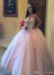 2019 Vestido de bola rosa chique Quinceanera Dress Spaghetti tulle Sweet 16 anos Long Girls Party Palest