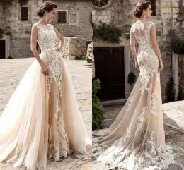 Dresses 2017 Champagne Over Skirts Tulle Wedding Dresses ALine See Through Vintage Lace Appliqued Sash Detachable Train Boho Bridal Weddi