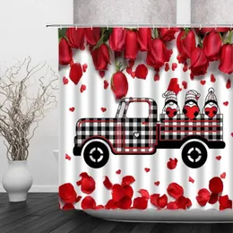 Shower Curtains Valentine's Day Set Vintage Plaid Truck Rose Flowers Romance Red Heart Creative Fabric Bathroom Decor With Hooks