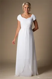 Dresses Informal Ruched Chiffon Modest Cap Sleeves Wedding Dresses With Sleeves Queen Anne Neck Bridal Gowns Aline Simple Reception Weddi