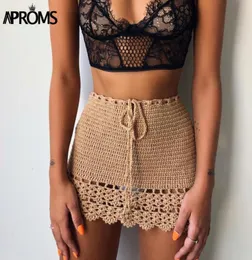 Aproms Elegant Handmade Cotton Crochet Mini Skirts Women Summer High Waist Bow Tie Skirt Ladies Beach Bikini Bottoms Saias 20202215789